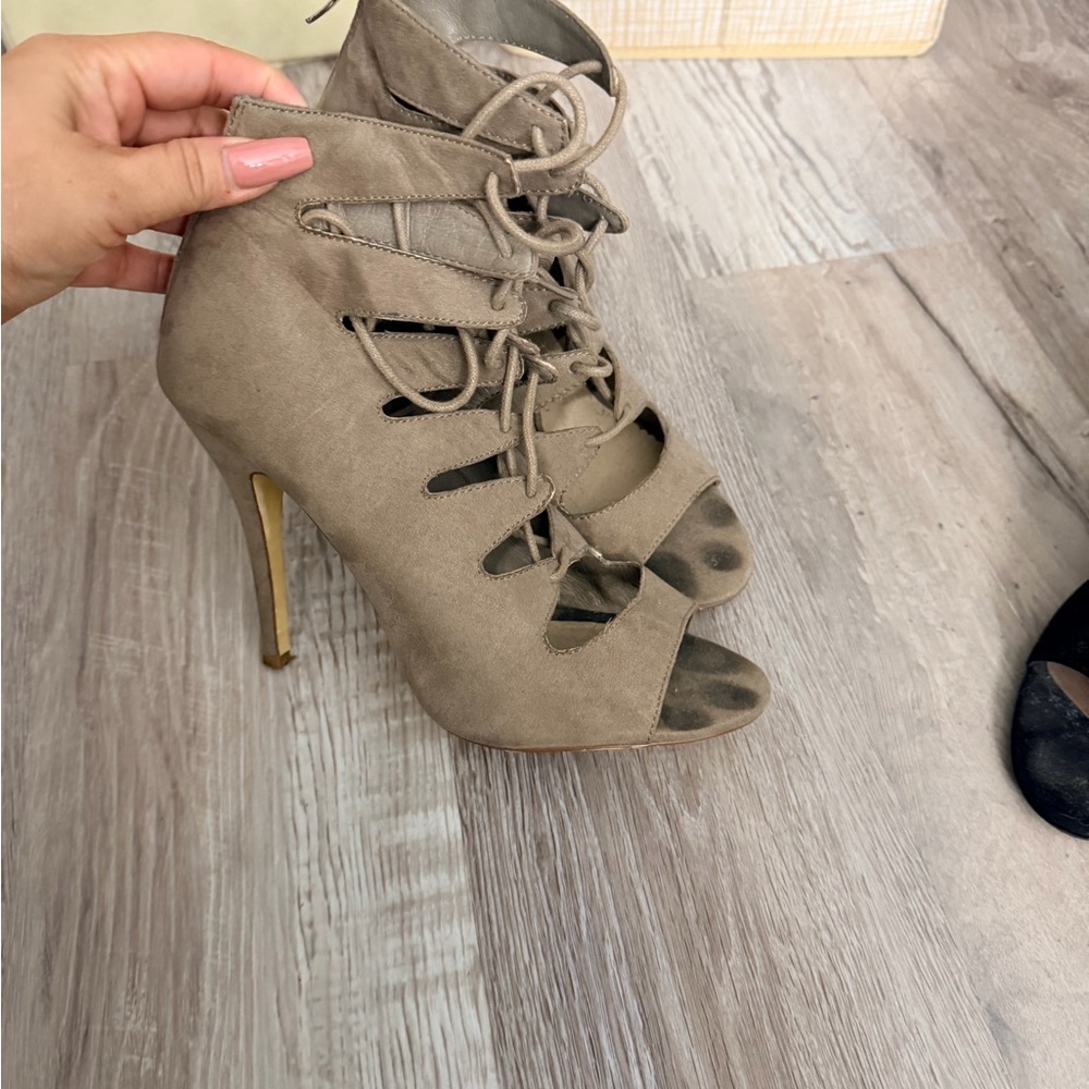 Chinese Laundry Taupe Lace-Up Heels with Gold Accents
